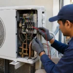 AC Fire Safety - technician inspecting AC electrical connections