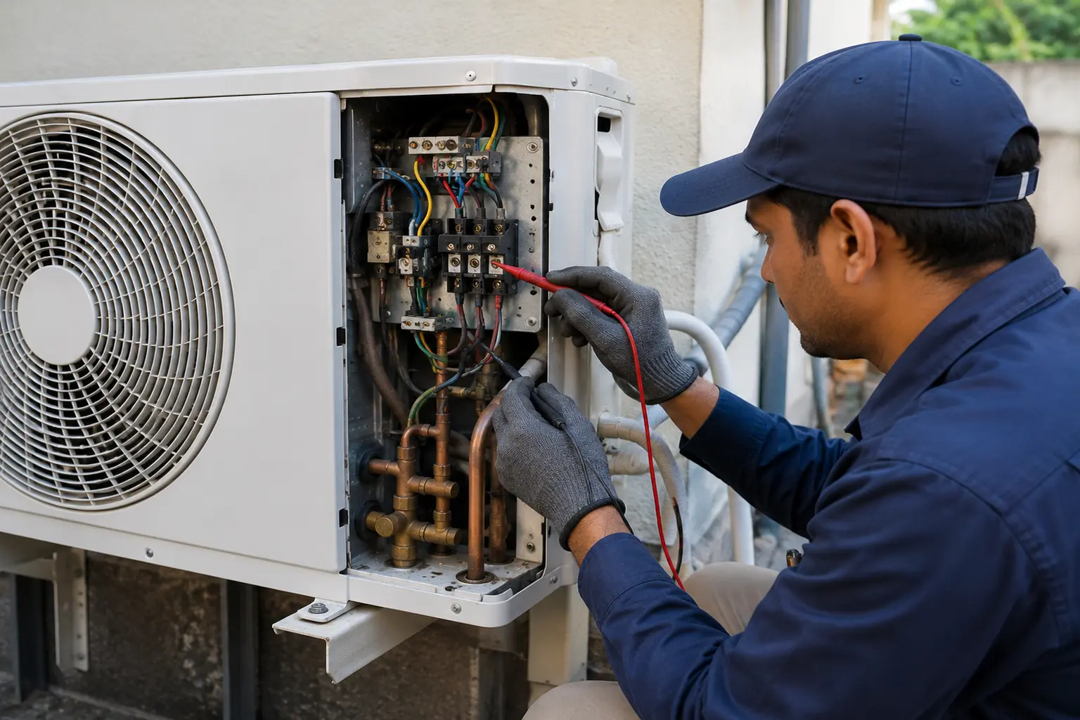 AC Fire Safety - technician inspecting AC electrical connections