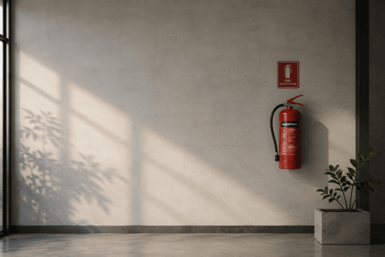MINIMILISTIC IMAGE OF A FIRE EXTINGUISHER HANGED ON A WALL