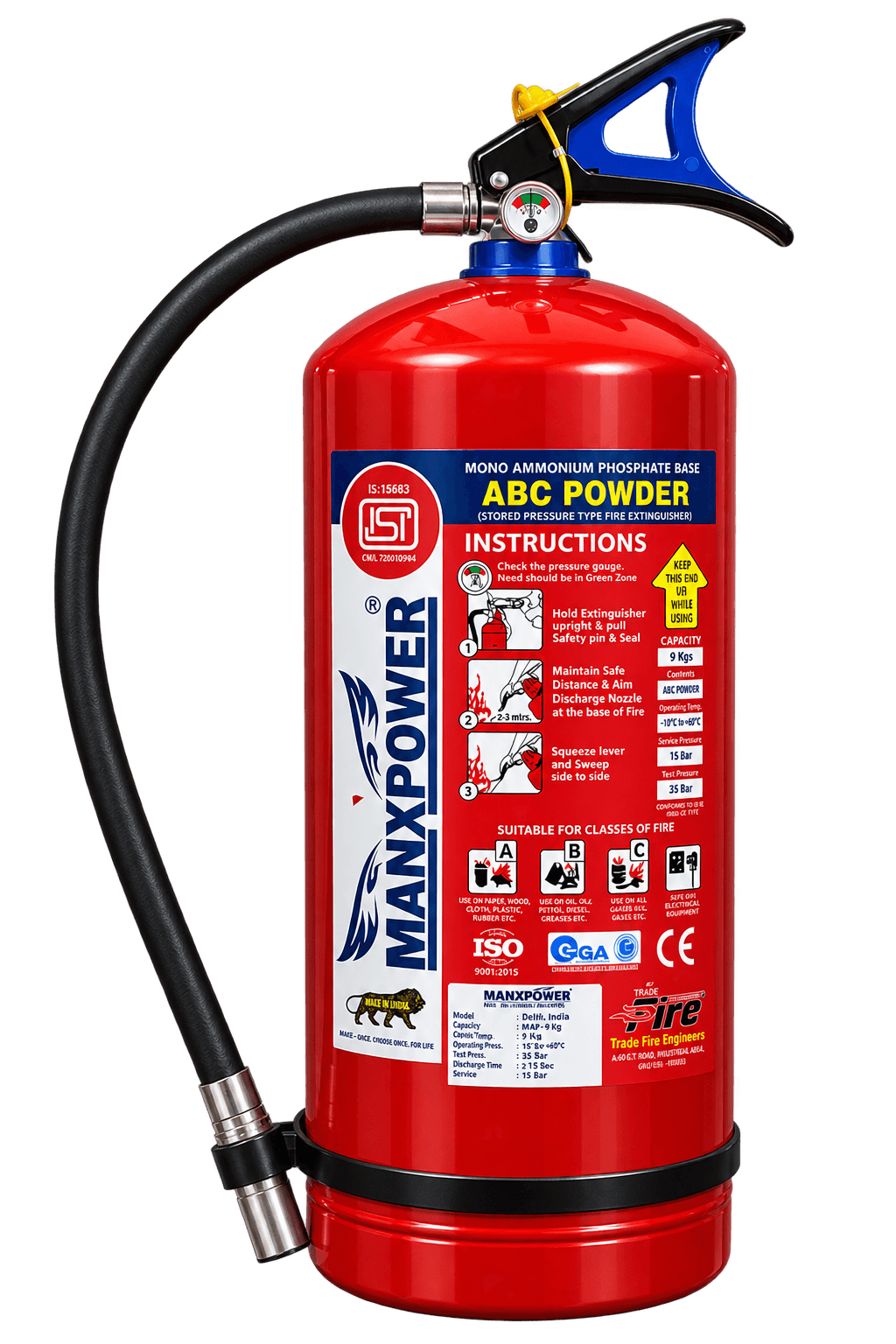 MANXPOWER ABC dry powder 9kg fire extinguisher, stored-pressure type