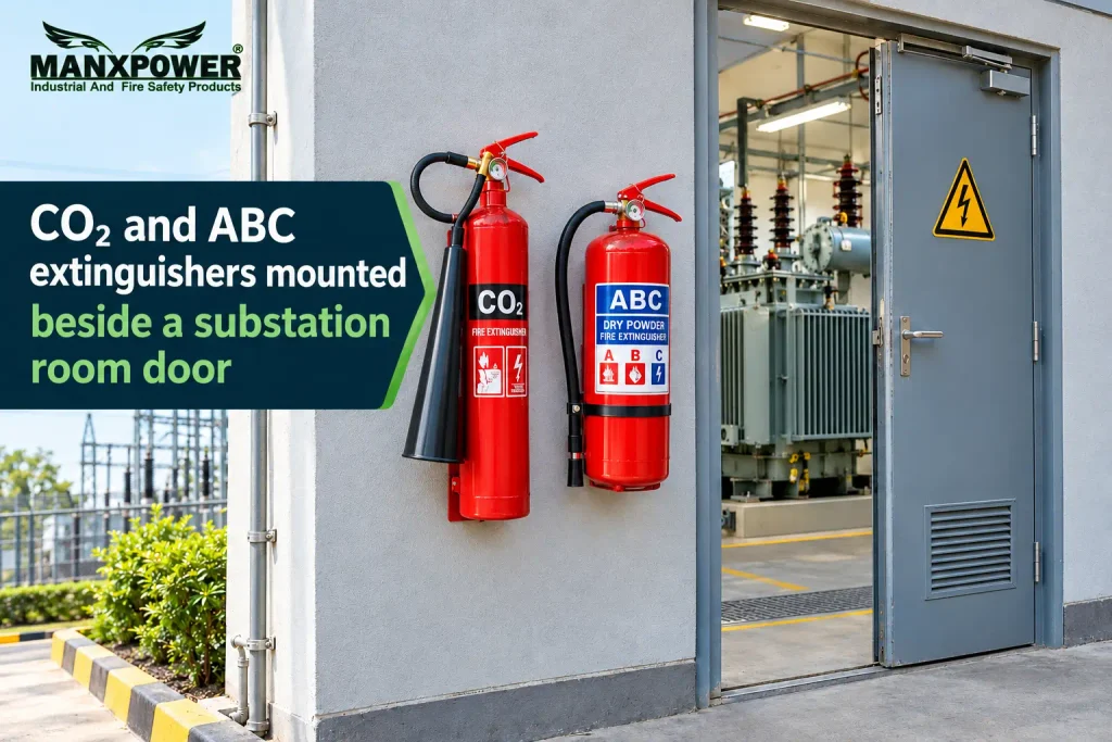 CO2 and ABC fire extinguishers at the entry of a transformer room