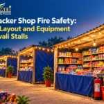 Firecracker shop fire safety setup with Diwali stalls, fire extinguisher, sand bucket, and MANXPOWER Brand