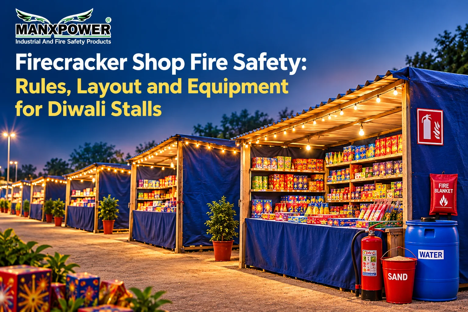 Firecracker shop fire safety setup with Diwali stalls, fire extinguisher, sand bucket, and MANXPOWER Brand