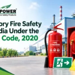 Factory fire safety in India under the OSH Code, 2020, featuring MANXPOWER fire extinguishers, hydrant systems, and industrial fire safety equipment.