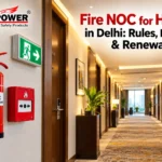 Hotel corridor in Delhi with fire extinguisher, manual call point and exit sign