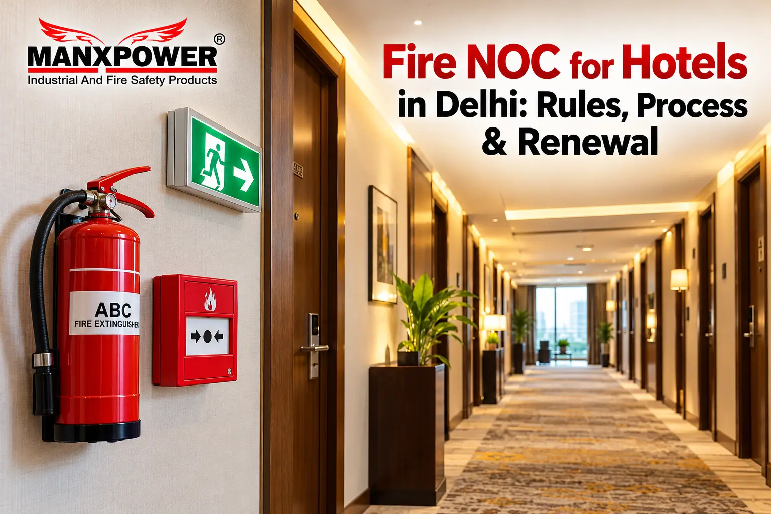 Hotel corridor in Delhi with fire extinguisher, manual call point and exit sign