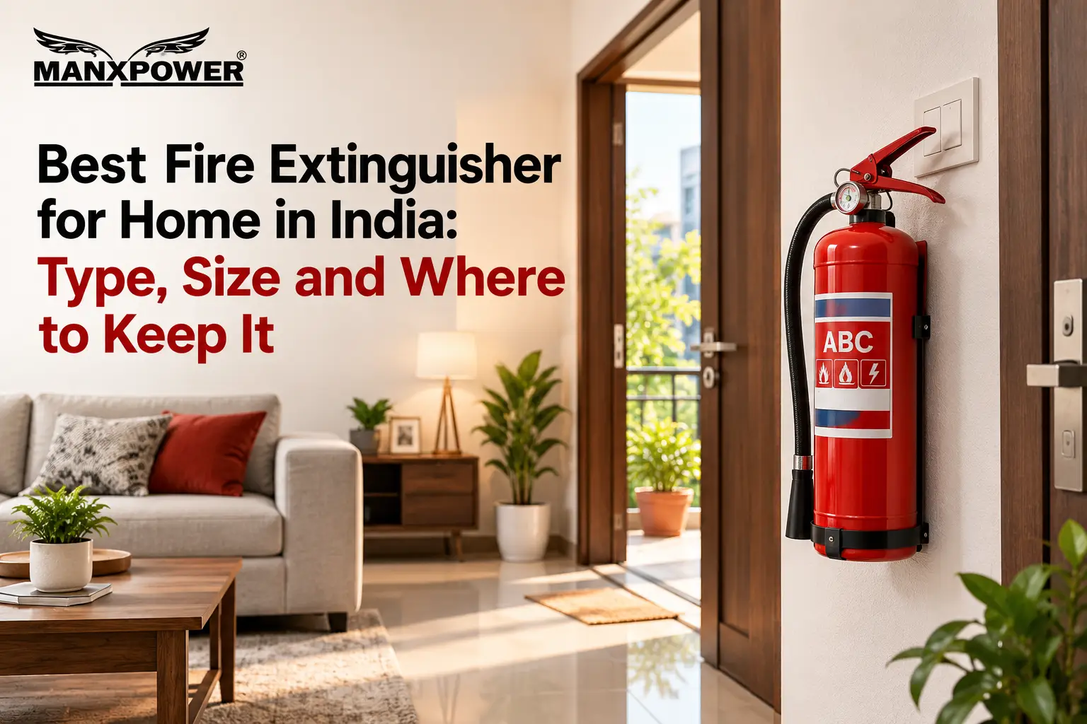 Best Fire Extinguisher for Home in India – MANXPOWER red ABC fire extinguisher mounted near a doorway in a modern home.