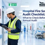 Fire Safety Officer checking an extinguisher during a hospital fire safety audit