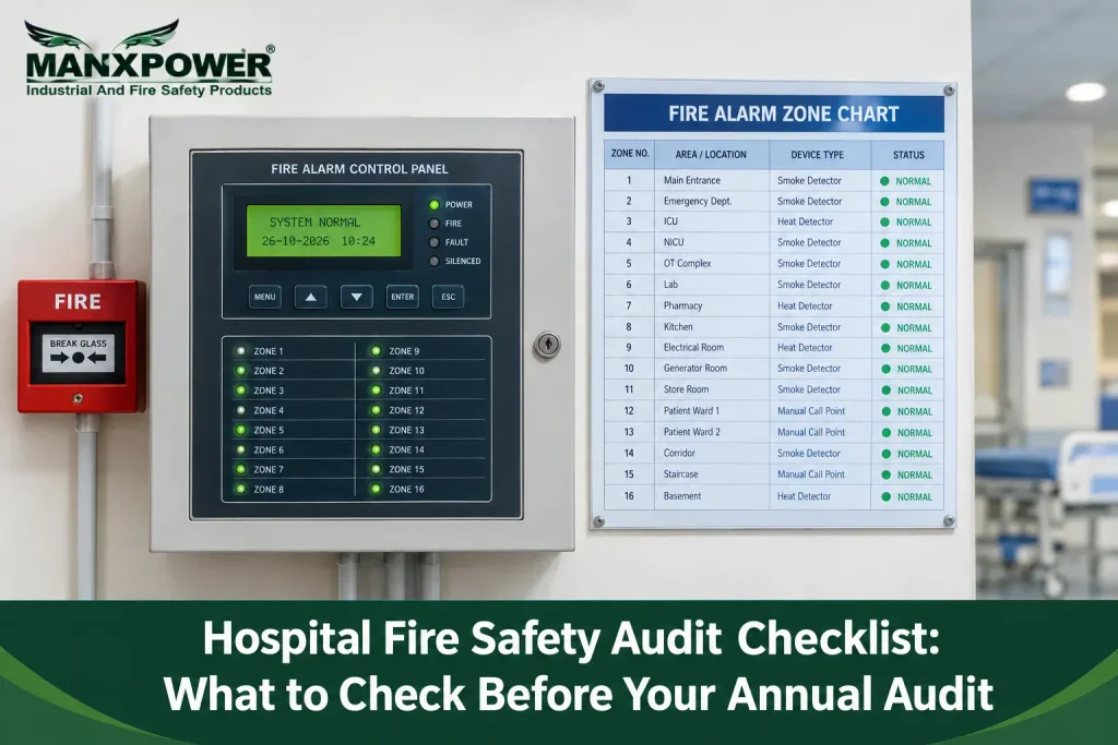 Hospital fire alarm panel checked during a fire safety audit