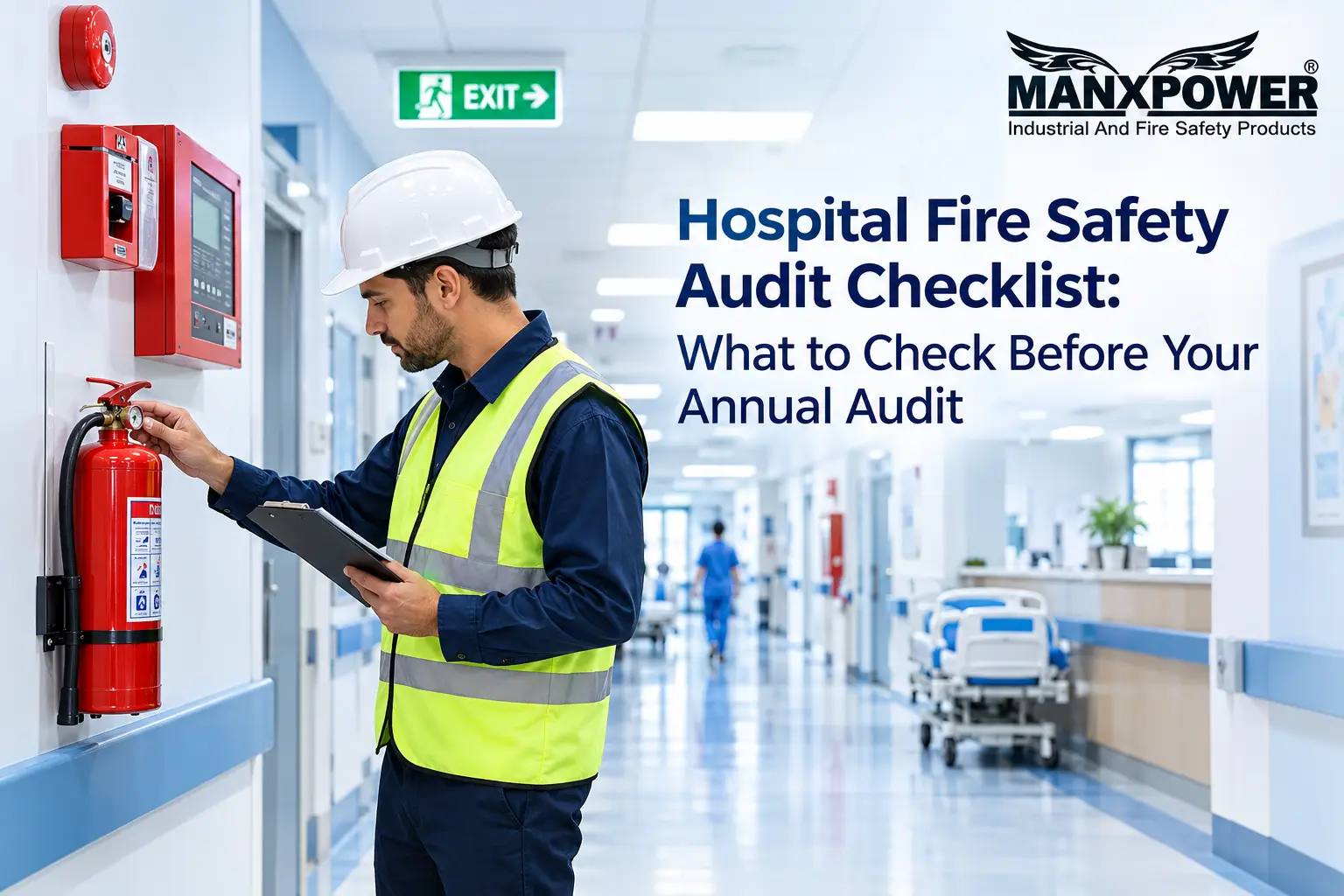 Fire Safety Officer checking an extinguisher during a hospital fire safety audit