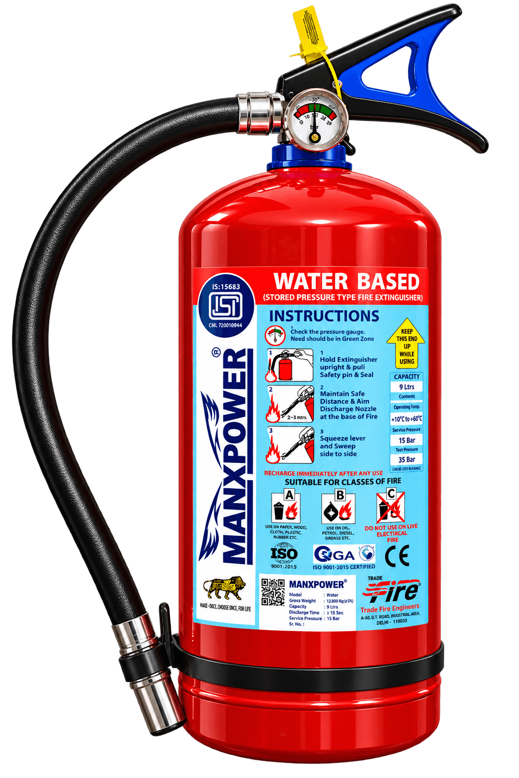 MANXPOWER 9 litre water-based fire extinguisher for school classrooms