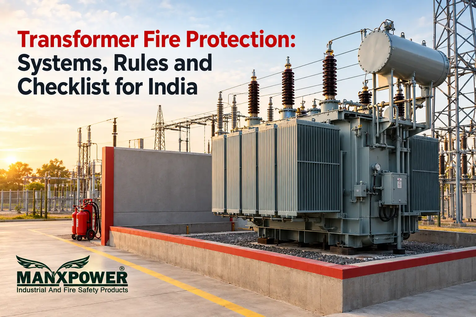 Oil-filled transformer with a fire barrier wall and oil containment pit